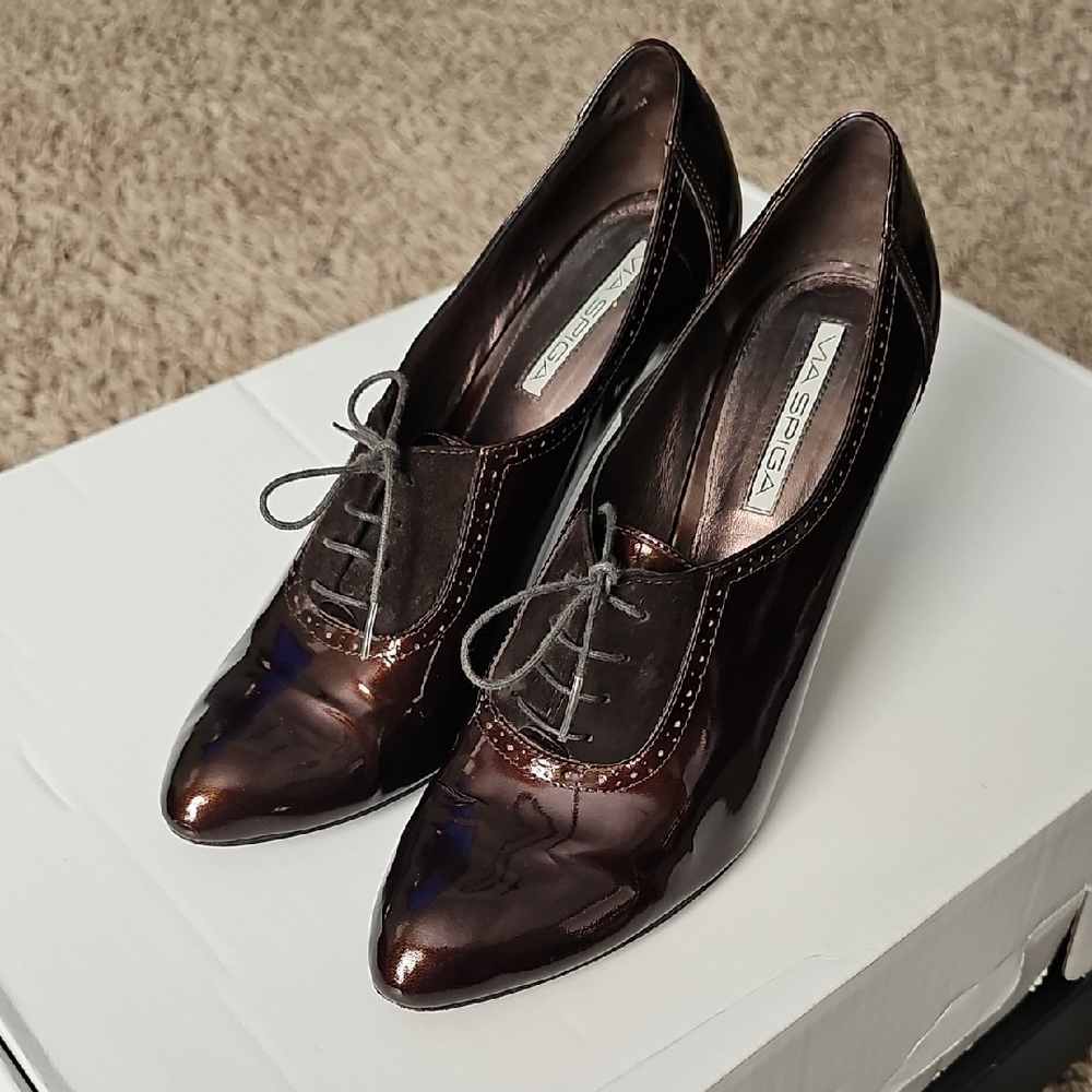 Via Spiga Oxford Metallic Brown Lace-Up Heels, Womens Size 9 - Picture 1 of 8